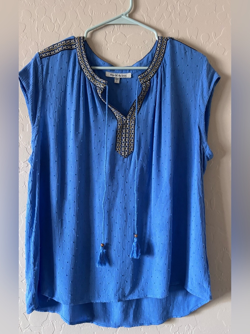 Black Rainn Royal Blue Embroidered Tassel Voile Top